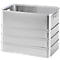 Silver aluminum transport box, rectangular with handles and horizontal reinforcements.