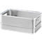 Silver aluminum box with handles. The box has an open top and is shot at a slight angle.