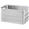 Silver aluminum crate with two handles. The crate has horizontal reinforcements.