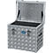 Opened aluminum box with checker plate look, two closures and handle.
