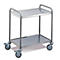 Stainless steel serving cart with two shelves and four wheels.