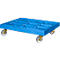 Blue cart with wheels; empty loading area with recesses.