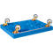 Blue plastic pallet with four mounted castors. Detailed view from below.