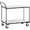 A two-tier serving cart with a black frame, white shelving, and four wheels.