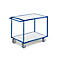 Blue serving cart with two tiers and white shelves. Wheels and handle.