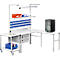 A white, L-shaped workbench workstation with drawers, shelves and containers. An additional workbench table is on wheels.
