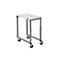 A white, rectangular table on wheels with adjustable height.