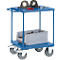 Blue tool cart with bearings, tools and drawer. Wheels under the cart.