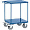 Blue workshop trolley with two shelves and four wheels.