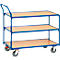 Blue rolling shelf with three wooden shelves. It has four wheels, a handle and is designed for transporting goods.