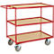 A red serving cart with three wooden levels. The cart has four wheels and a handle.