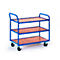 Transport cart with three levels. The frame is blue, the floors are made of wood. The cart stands on wheels.