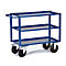 Blue serving cart with three tiers on wheels. On a white background.