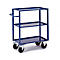 Blue serving cart with three shelves and handle, on wheels.