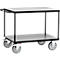 Black serving cart with two levels, on four castors. With handle at the top.