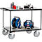 Tool cart with tools and equipment. On wheels, on two levels. Top spray can, oil can, battery charger, etc. Bottom cable reel and compressor.