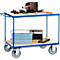 Tool cart with tools, including a gear, a drill, wrenches and clamps.