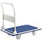 Blue and silver platform cart with handle and four wheels. The loading surface is textured.