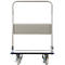 A gray transport cart with four wheels stands against a white background. The cart has a loading area and a handle.