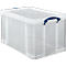 Transparante plastic doos met blauwe handgreep.