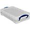 Transparente Kunststoffbox mit blauem Griff und Deckel.