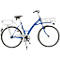 Blaues Cityfahrrad mit Front- und Heckgepäckträger vor weißem Hintergrund.