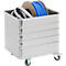 Zilverkleurige rolwagen met wielen. Binnenin: rollen kabels en slangen.