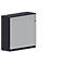 Dark blue cabinet with silver slatted door; standing against a white background.
