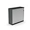 A grey cabinet with roller shutters on a white background.