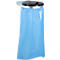 Hanging blue trash bag with black lid and metal ring.