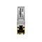 Silberner TRENDnet 10G-RJ45-SFP+-Transceiver-Modul mit RJ45-Anschluss vor weißem Hintergrund.