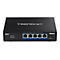 Schwarzer TRENDnet 5-Port 10G Switch mit Netzteilanschluss und Status-LEDs auf weißem Hintergrund.