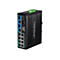 Schwarzer industrieller Gigabit PoE+ Switch von TRENDnet in Metallgehäuse mit zahlreichen Anschlüssen.