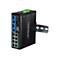 Schwarzer TRENDNET Industrial Gigabit PoE++ Switch TI-BG104 mit Hutschiene vor weißem Hintergrund.