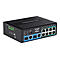 Schwarzer Netzwerk-Switch mit Ports und AnschlÃ¼ssen. Aufschrift: TRENDnet. Produktbezeichnung: Industrial Gigabit PoE+ Switch.