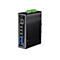 Schwarzer, industrieller Gigabit PoE+ Switch von TRENDnet mit sechs Anschlüssen und LED-Statusanzeigen.
