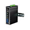Schwarzer industrieller TRENDnet PoE++ Switch mit Hutschienenhalterung vor weißem Hintergrund.
