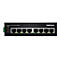 Schwarzer Ethernet-Switch von TRENDnet mit acht Ports und LED-Anzeigen. Text: Industrial Fast Ethernet Switch.