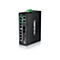 Ein schwarzer TRENDnet Netzwerk-Switch mit mehreren AnschlÃ¼ssen, beschriftet mit dem Markennamen. Oben ein grÃ¼ner Anschlussblock.