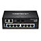 Schwarzer Netzwerkswitch von Trendnet, mit AnschlÃ¼ssen und Beschriftungen, gut erkennbar auf weiÃŸem Hintergrund.