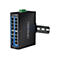 Schwarzer Industrieller Gigabit-Switch, Trendnet-Logo, RJ45-Ports, grÃ¼ner Anschluss und Halterung.