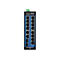Industrieller Gigabit-Switch. Schwarz mit blauen Akzenten, Portnummern und Logo.