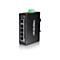 Schwarzer TRENDnet Ethernet Switch, fÃ¼nf AnschlÃ¼sse, grÃ¼ne Anschlussklemme, weiÃŸer Hintergrund.