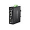 Schwarzes Trendnet Industrial Modbus Gateway mit LAN-Anschlüssen und serieller Schnittstelle auf weißem Grund.