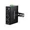 Schwarzer industrieller Trendnet Modbus-Gateway mit Metallgehäuse, Anschlüssen und Hutschiene auf weißem Hintergrund.