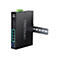 Schwarzer industrieller Gigabit PoE+ Switch von TRENDnet mit Hutschiene vor weißem Hintergrund.