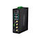 Schwarzer industrieller TRENDnet AC1200 PoE+ Access Point mit LAN-Anschlüssen, Antennenanschlüssen und grünem Klemmblock.