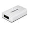 Weißer Trendnet PoE-Extender mit zwei RJ45-Ports und LED-Anzeigen auf weißem Hintergrund.