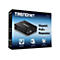 Schwarzer TRENDnet Gigabit PoE+ Repeater auf einer blauen Box, Aufschrift 'Gigabit PoE+ Repeater', '200 M Extension', und 'Wall Mountable'.