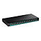 Schwarzer TRENDnet Gigabit PoE+ Switch mit 16 nummerierten Ports vor weißem Hintergrund.